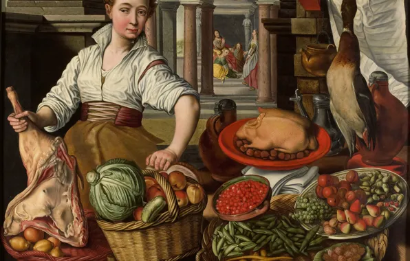 Oil, picture, Joachim Bacelar, Joachim Beuckelaer, The kitchen in the background Jesus with Martha and …