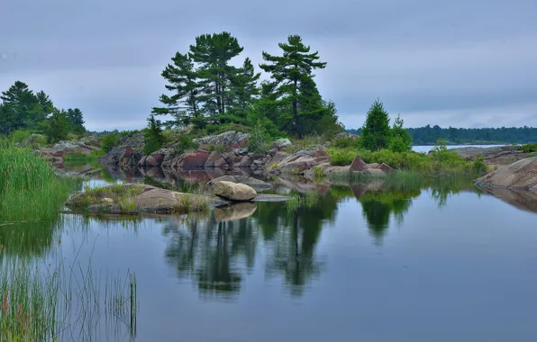 The sky, trees, lake, stones, rocks