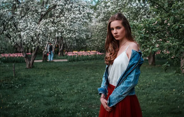 Picture grass, look, trees, flowers, pose, model, skirt, portrait