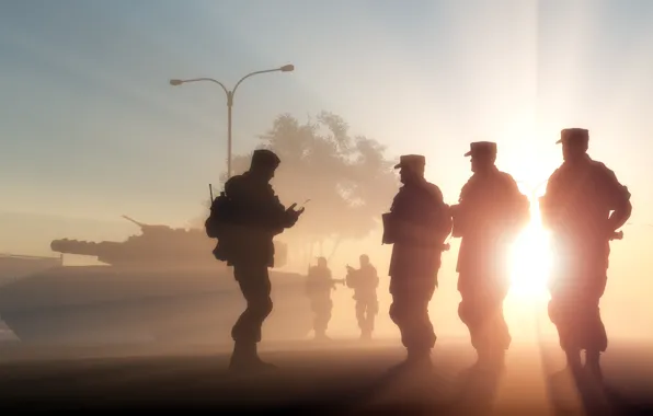 Light, people, army, soldiers, silhouettes, men