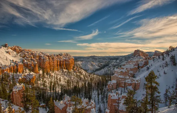Winter, snow, trees, mountains, rocks, Utah, USA, Bryce Canyon National Park