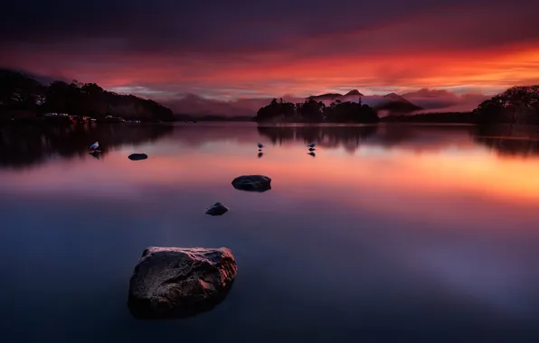 The sky, clouds, mountains, birds, lake, stones, hdr, glow