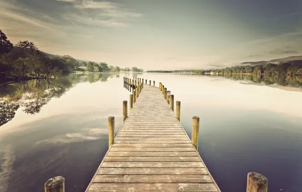 Clouds, trees, lake, surface, reflection, Board, Marina, pier
