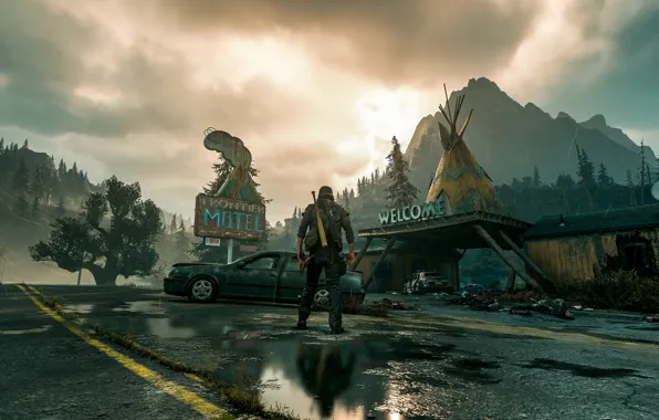 Machine, weapons, Apocalypse, ruins, guy, structure, Days Gone