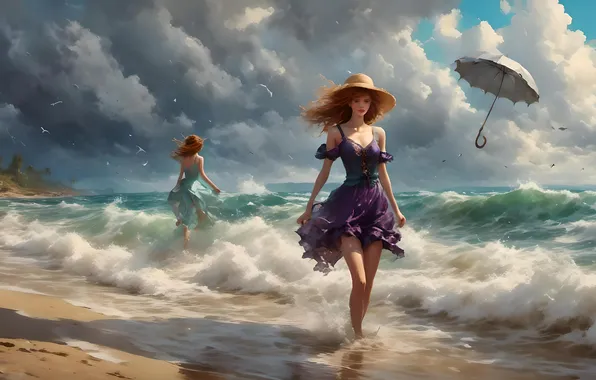 Sea, girl, girls, umbrella, AI art, neural network