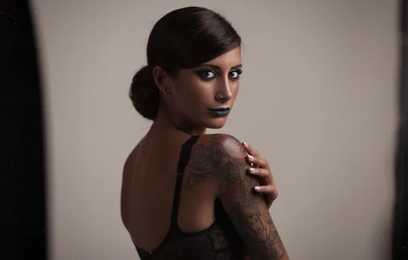Girl, face, pose, body, makeup, tattoo, shoulder