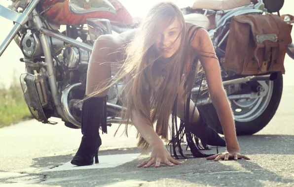 Road, look, girl, the sun, light, hair, boots, motorcycle