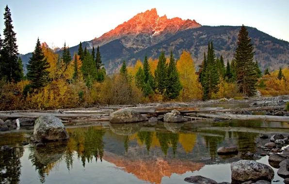 Picture the sky, trees, sunset, mountains, lake, reflection, stones, USA