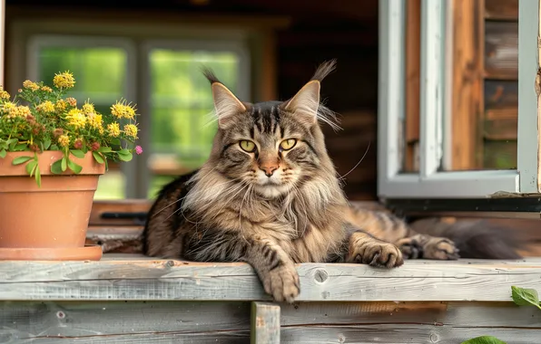 Cat, summer, cat, look, flowers, pose, house, grey