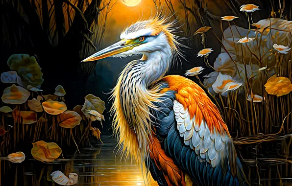 Leaves, flowers, night, branches, nature, the dark background, bird, the moon