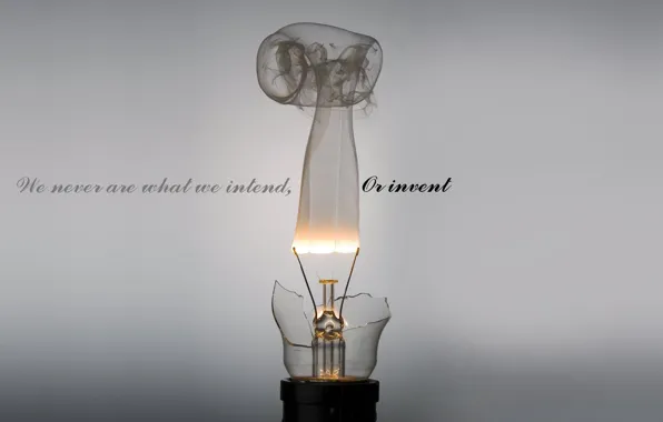 Light bulb, grey, background, the inscription, minimalism, we never are what we intend, or invent