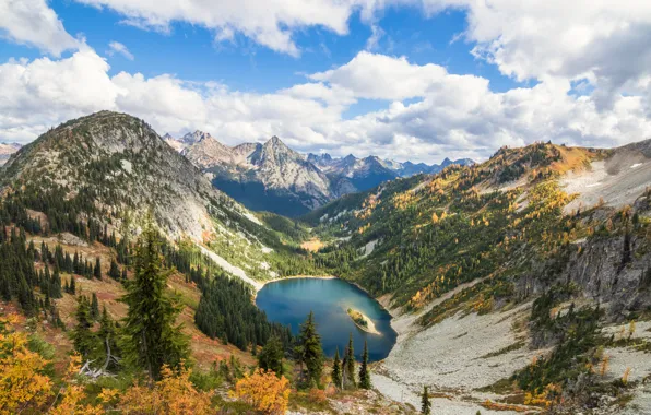 Picture the sky, trees, landscape, mountains, beauty, slope, pond