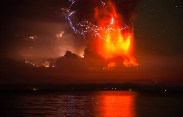 Night, lake, the volcano, the eruption, Chile, Andes, Calbuco