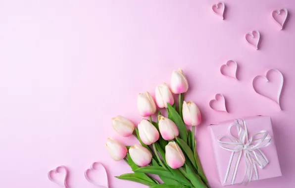 Picture background, gift, tape, hearts, tulips, pink