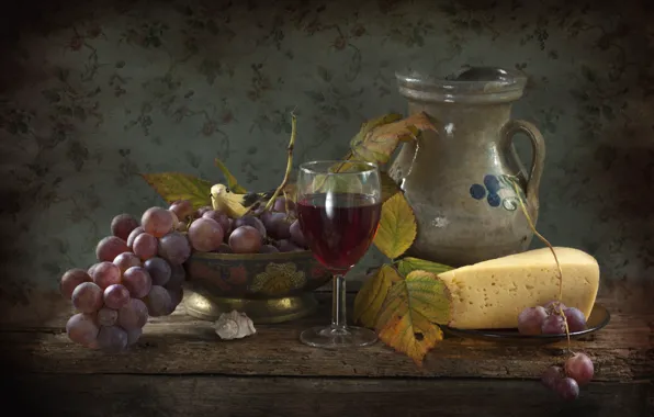 Wallpaper pitcher, grapes, wine, cheese