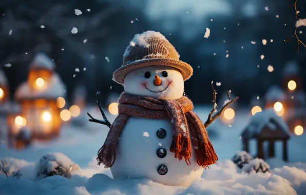 Winter, snow, New Year, Christmas, snowman, happy, Christmas, night