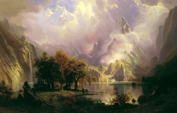 Lake, waterfall, picture, Albert Bierstadt, The Landscape Of The Rocky Mountains