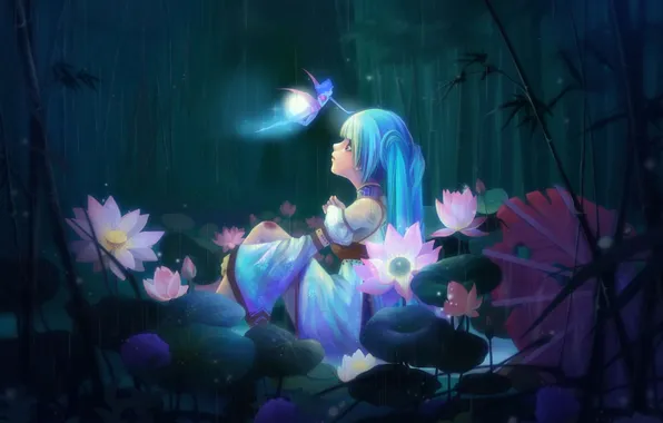 Forest, flowers, rain, bamboo, fairy, art, Lotus, girl