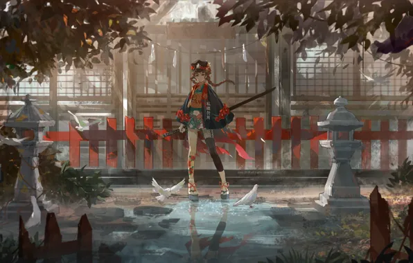 Picture the fence, katana, Japan, puddle, lights, girl, temple, the reflection in the water