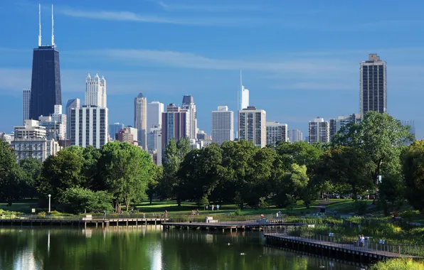 Summer, the sky, water, bridge, skyscrapers, Chicago, USA, America