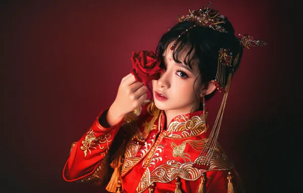 Look, girl, decoration, roses, Asian, cutie