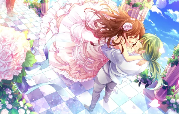 Happiness, meeting, tears, columns, pink roses, chess floor, the fluffy skirt, the guy with the …