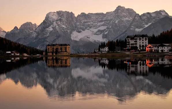 Mountains, the city, lake, Italy, Veneto, Misurina Lake, Auronzo Di Cadore