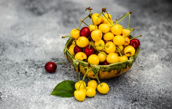 Picture yellow, red, berries, background, bowl, cherry