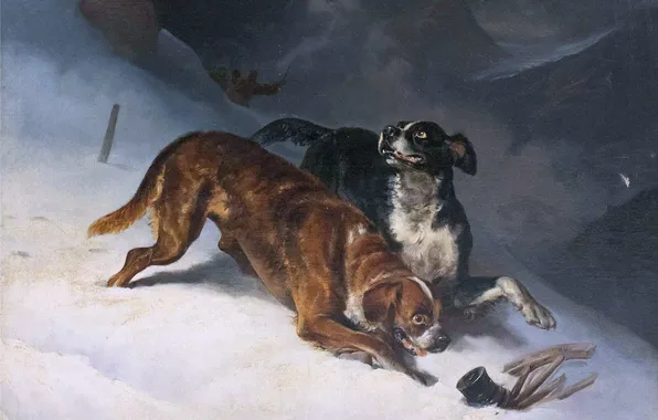 Winter, Mountains, Snow, People, Picture, Dogs, German artist, Dogs with a search group
