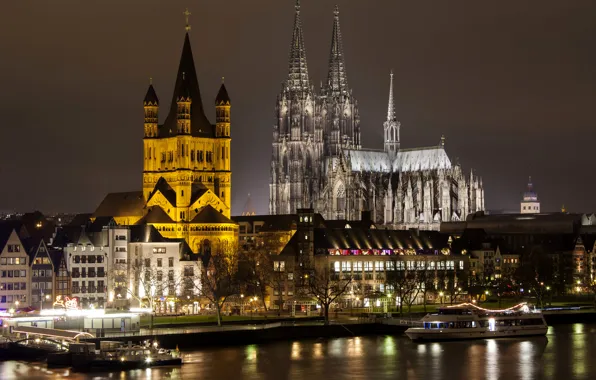 Night, lights, river, home, Germany, Cathedral, Cologne