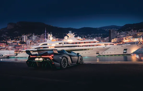 Night, Roadster, Lamborghini, yacht, horizon, supercar, supercar, 2014