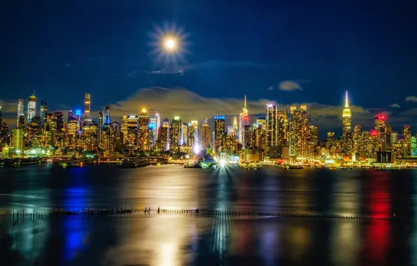 River, building, New York, night city, Manhattan, skyscrapers, Manhattan, New York City