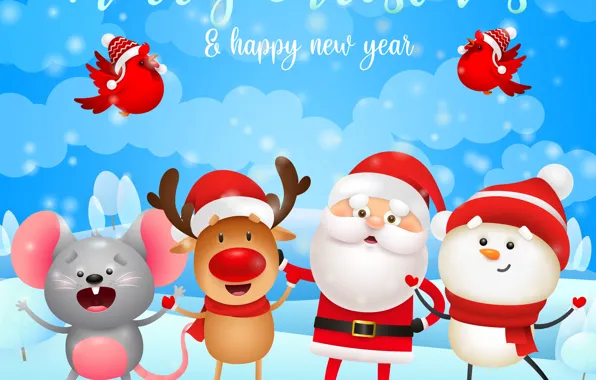 Snow, Smile, Christmas, Deer, New year, Mouse, Santa Claus, Happy New Year