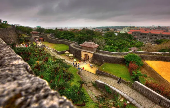 City, Japan, nature, tree, walls, people, Castle, Shuri