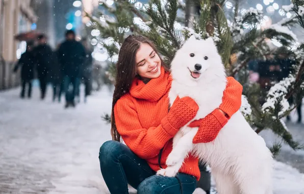 Winter, girl, snow, dog, Samoyed