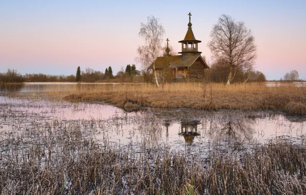 Autumn, reflection, shore, spring, Church, temple, Russia, pond