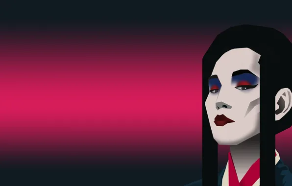 Japan, anime, red lips, gradient, black hair, kimono, red background, culture
