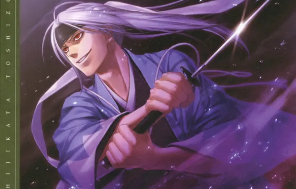 Picture attack, katana, sparks, vampire, cloak, red eyes, art, demons pale cherry