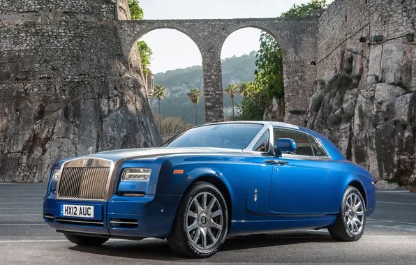 Picture the sky, blue, background, castle, rocks, coupe, Rolls-Royce, Phantom