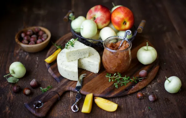 Apples, food, cheese, fruit, nuts, jam, forest, jar