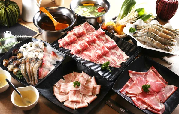 Soup, meat, sauce, shrimp, seafood, Japanese cuisine, meals, cuts