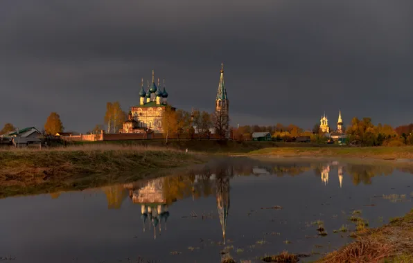 Landscape, clouds, nature, reflection, river, temple, the bell tower, Dunilovo