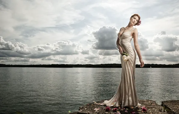 Picture water, flowers, pose, lake, style, model, roses, figure