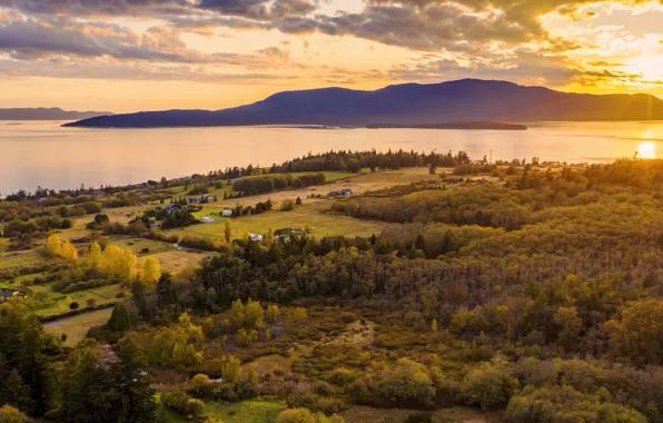 Autumn, forest, the sun, sunset, mountains, shore, view, houses
