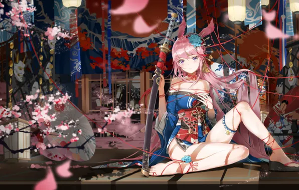 Weapons, sword, fabric, Anime, Mei, ears, beautiful girl, big Breasts