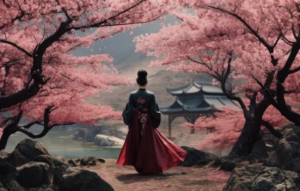 Girl, trees, flowers, branches, nature, Park, stones, shore