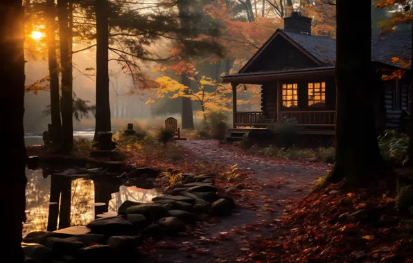 Autumn, forest, the sun, light, trees, fog, house, Park