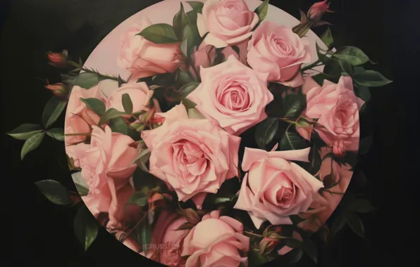 Flowers, roses, round, pink, painting, composition, imitation painting, AI art