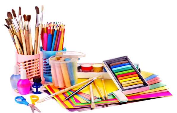 Picture paper, paint, pencils, white background, crayons, scissors, brush, eraser