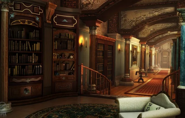 Furniture, corridor, columns, library, HOPA scenes